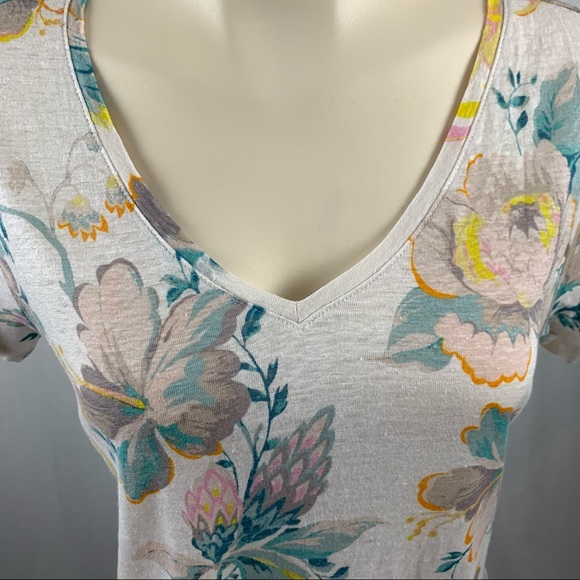 Ann Loft Floral Print Linen V-neck Tee M - Picture 5 of 8